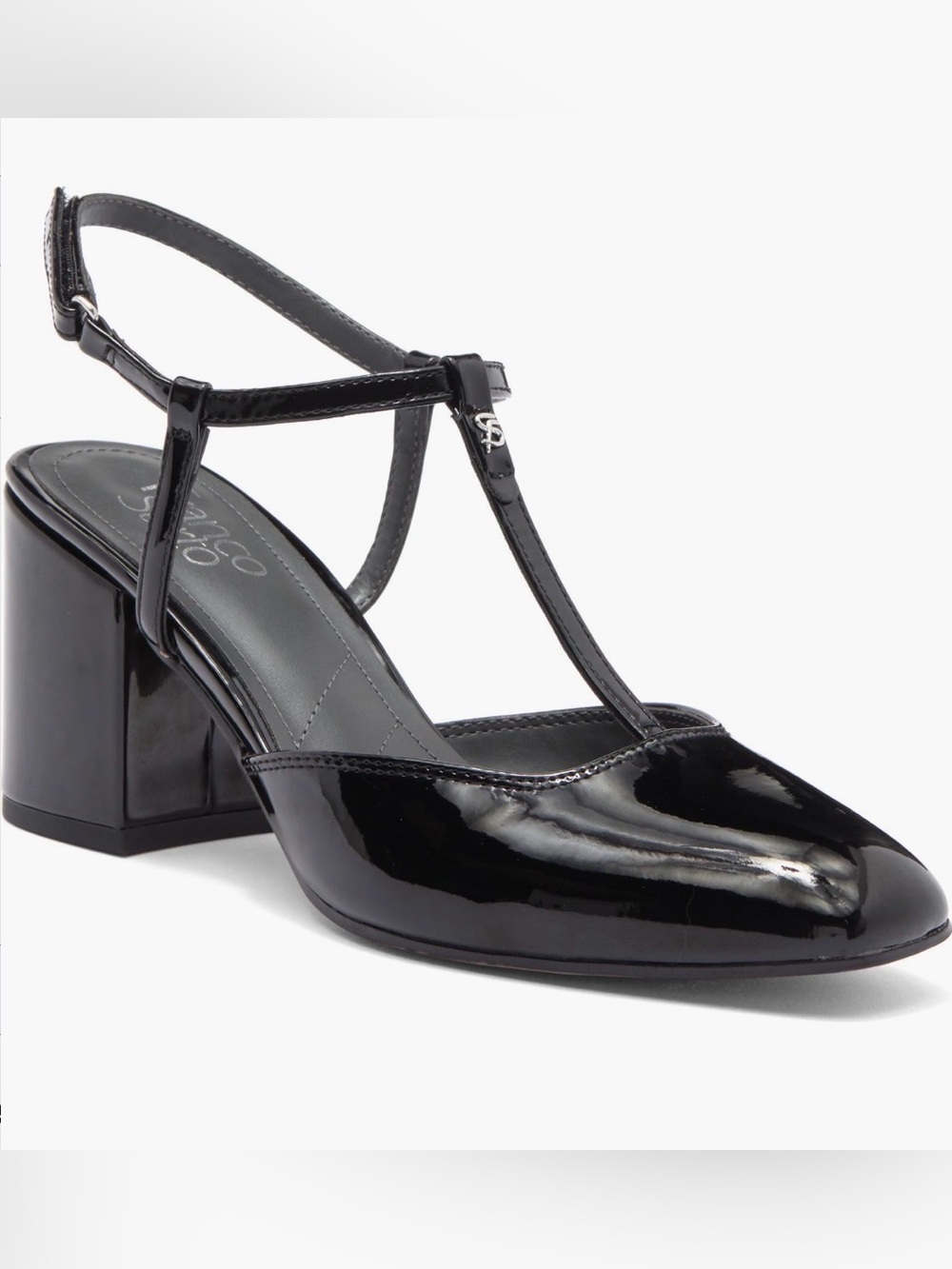 Franco Sarto Black Patent T-Strap Block Heel Pumps